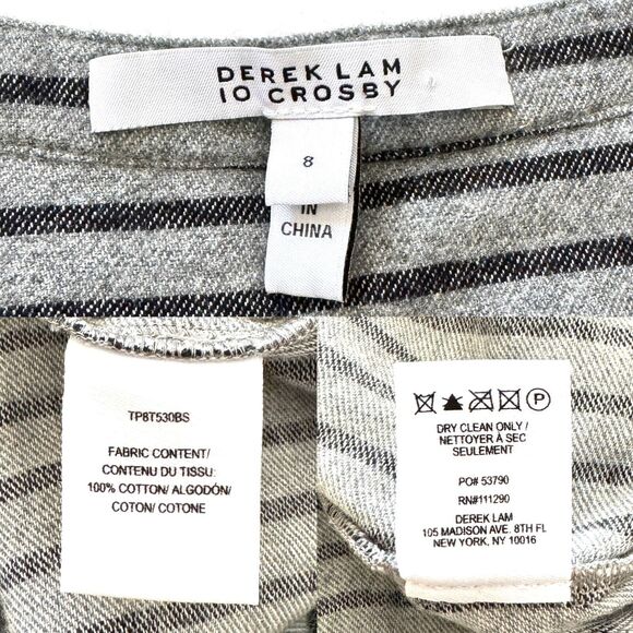 DEREK LAM 10 CROSBY Striped Tie Waist Mini Shirt Dress Long Slv Grey $395 - Picture 4 of 13